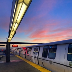 BART train at sunset at Daly City