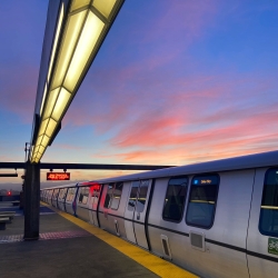 BART train at sunset at Daly City